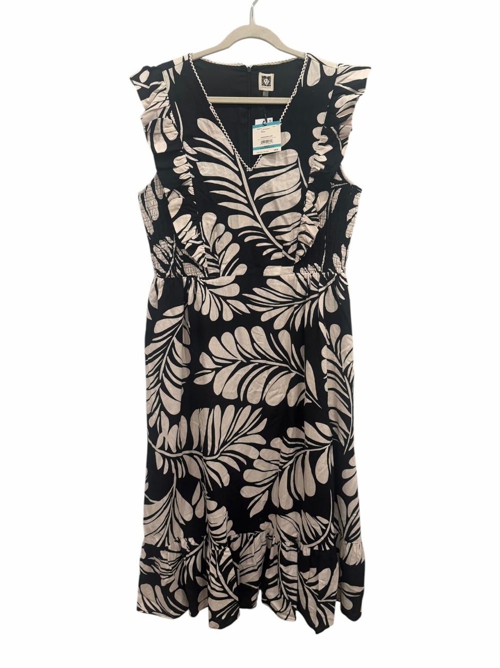 Anne Klein Black‎ Ivory Tropical Leaf Print Ruffle Trim Midi Dress NWT Size 16 - Picture 8 of 10